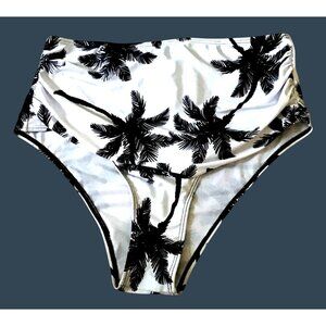 Womens XL Black & White High-Waisted Palm Tree Bikini Bottoms